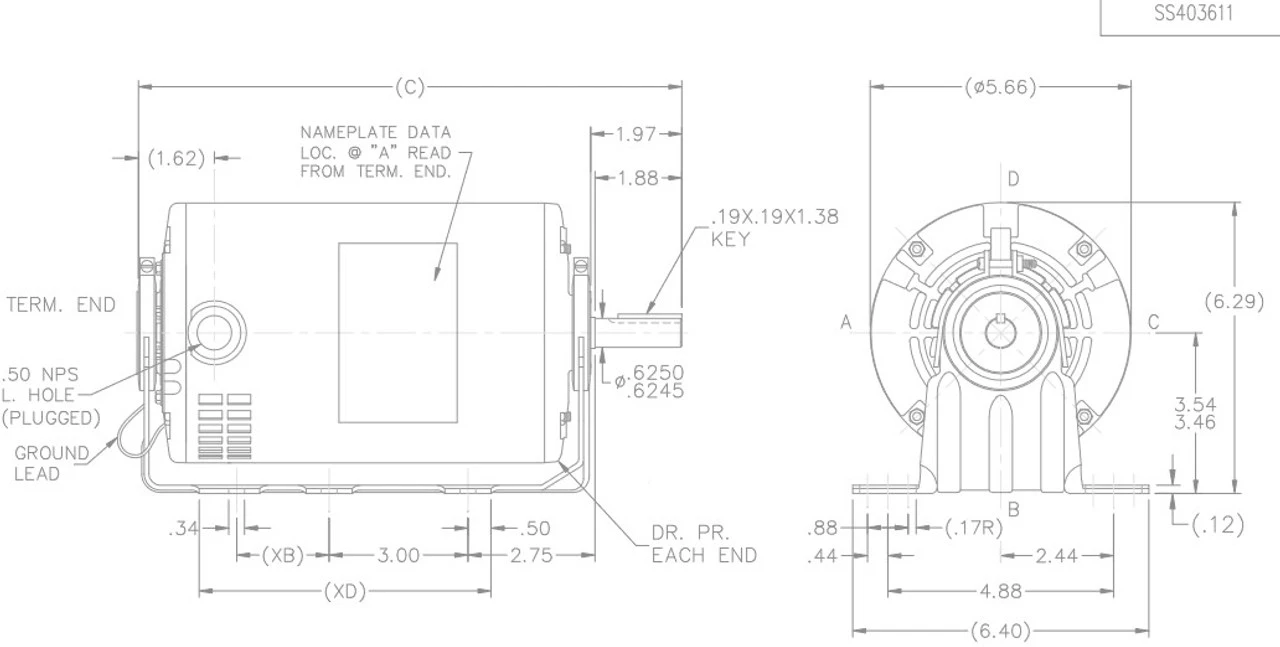 B100 Marathon 1/2 Hp (1 Speed) 115/230V 1800 RPM ODP 56 Frame Resilient Base Blower Motor 6 B100 Marathon 1/2 Hp (1 Speed) 115/230V 1800 RPM ODP 56 Frame Resilient Base Blower Motor - Image 4