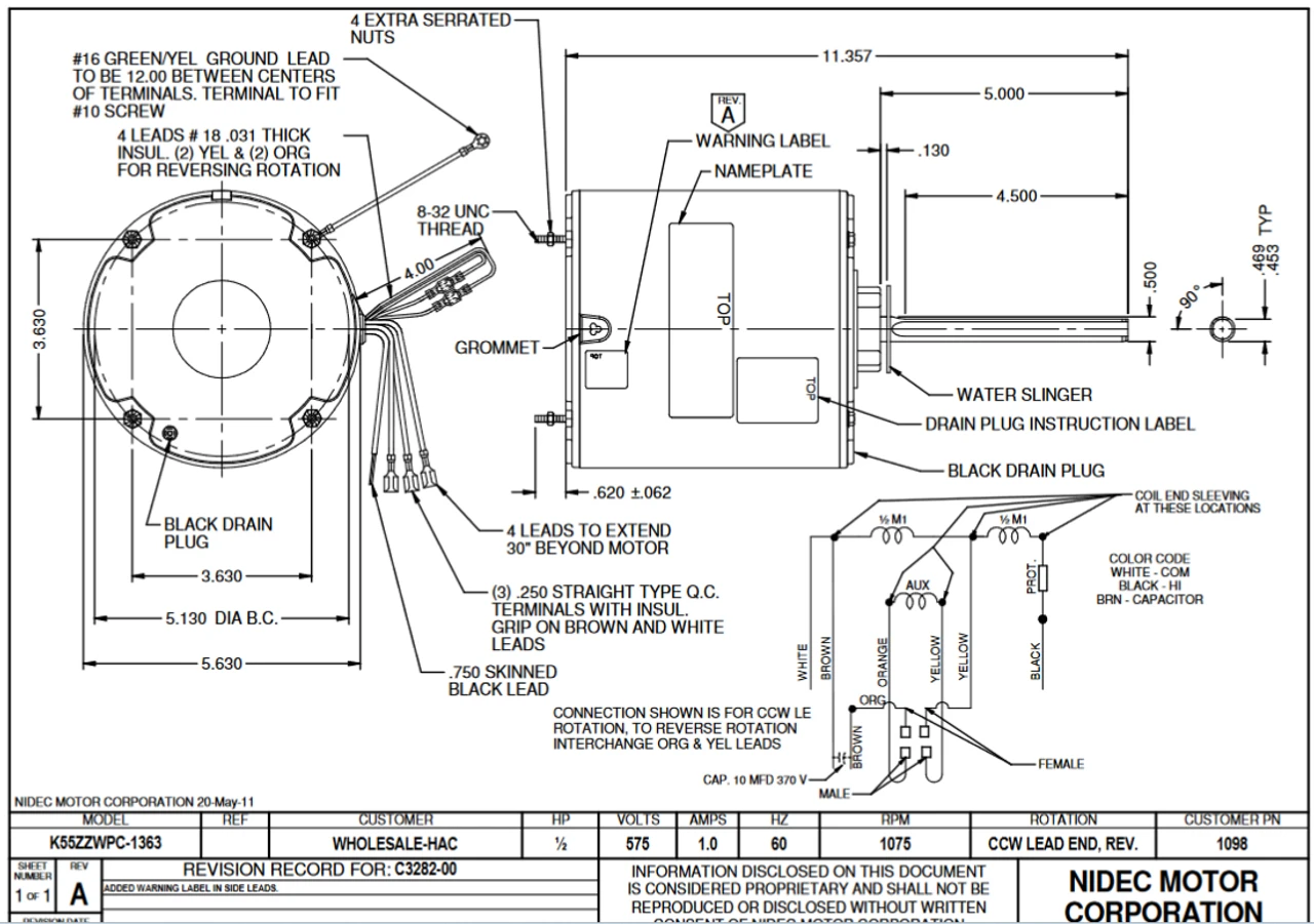 1098 Nidec 1/2 Hp 1075 RPM 575V 5.6" Dia. (No Base) 1-Speed TEAO Condenser Motor 4 1098 Nidec 1/2 Hp 1075 RPM 575V 5.6" Dia. (No Base) 1-Speed TEAO Condenser Motor - Image 2