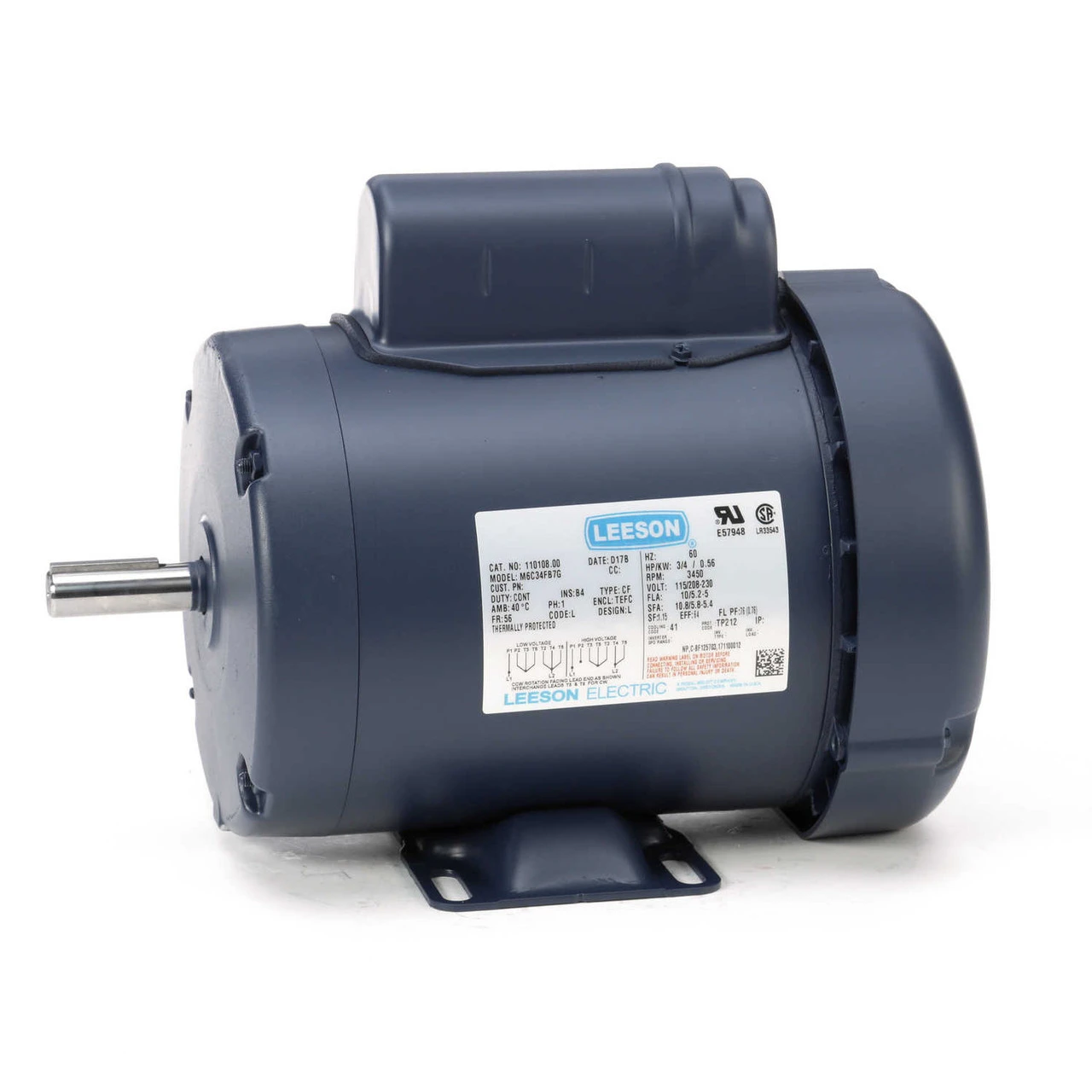 110108.00 Leeson | 3/4 Hp 3450 RPM 56 Frame TEFC 115/208-230V W/overload Protection 4 110108.00 Leeson | 3/4 Hp 3450 RPM 56 Frame TEFC 115/208-230V W/overload Protection - Image 2