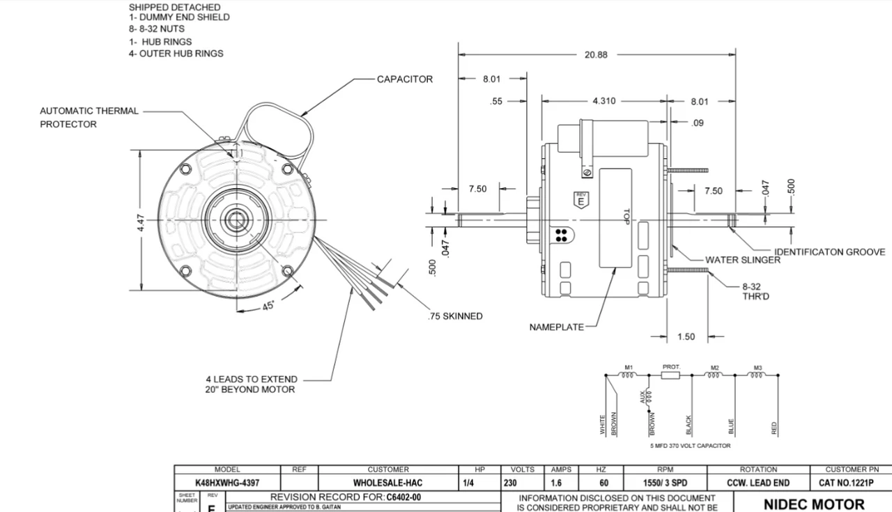 1221P Nidec 1/4 Hp 1550 RPM 230V 5.0" Dia. (No Base) 3-Speed Open Fan Motor 4 1221P Nidec 1/4 Hp 1550 RPM 230V 5.0" Dia. (No Base) 3-Speed Open Fan Motor - Image 2