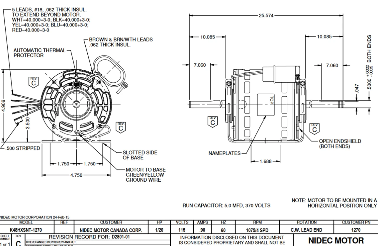 1270 Nidec 1/20 Hp 1075 RPM 115V 5.0" Dia. (Base) 4-Speed Open Fan Motor 4 1270 Nidec 1/20 Hp 1075 RPM 115V 5.0" Dia. (Base) 4-Speed Open Fan Motor - Image 2