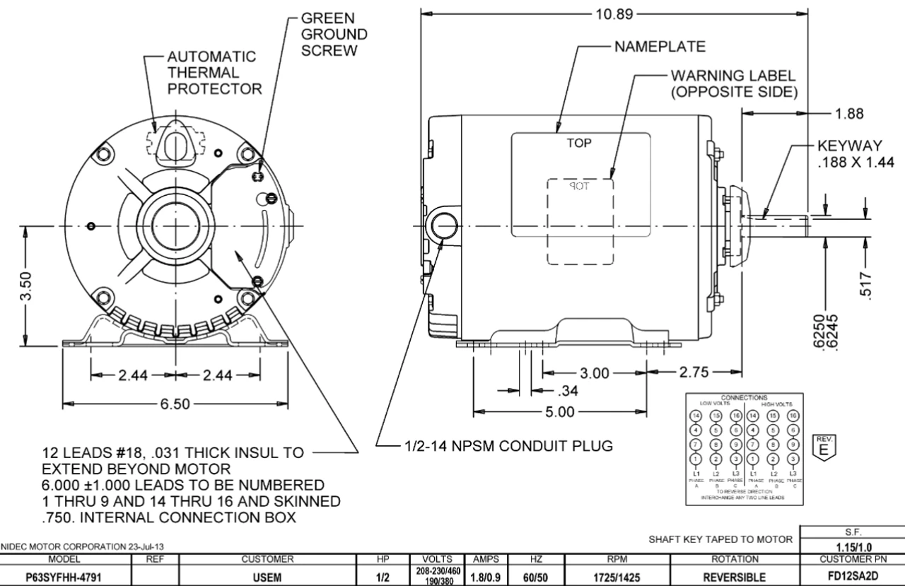 FD12SA2D Nidec 1/2 HP 1800 RPM ( 1 Speed, 3-Phase) 115/230V 56H Frame TEAO Farm Fan Motor 4 FD12SA2D Nidec 1/2 HP 1800 RPM ( 1 Speed, 3-Phase) 115/230V 56H Frame TEAO Farm Fan Motor - Image 2