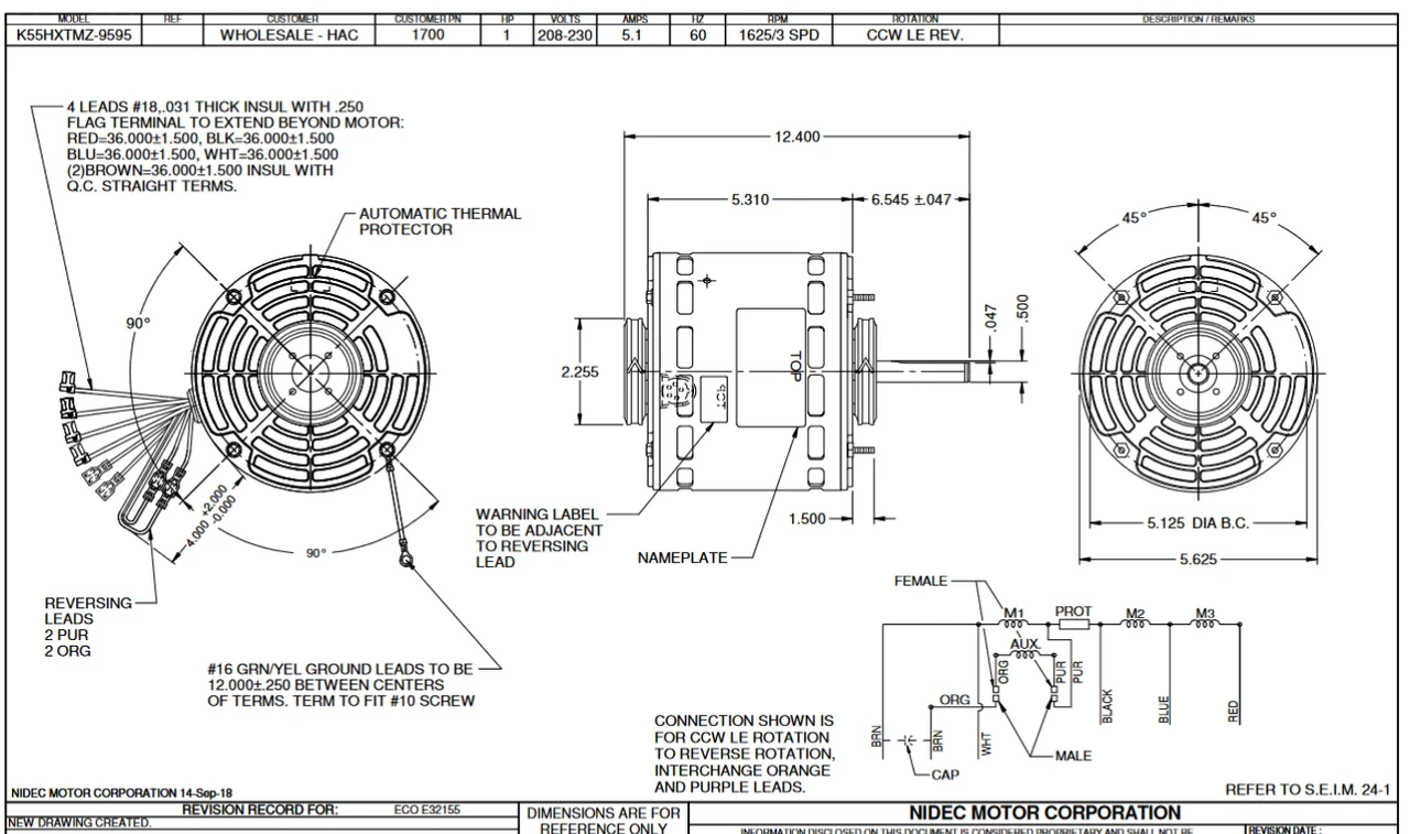 1700 Nidec 1 Hp 1625 RPM 277V 5.6" Dia. (No Base) 3-Speed OAO Fan Motor 4 1700 Nidec 1 Hp 1625 RPM 277V 5.6" Dia. (No Base) 3-Speed OAO Fan Motor - Image 2