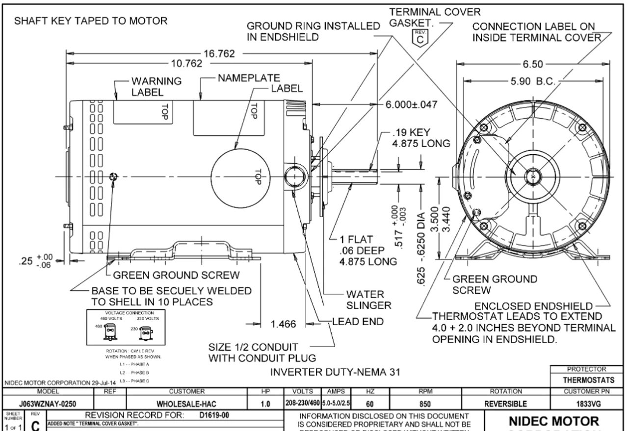 1833VG Nidec 1 Hp 850 RPM 208-230/460V 56YZ Frame (Rigid Base) 1-Speed OAO 3-Phase Inverter Motor 4 1833VG Nidec 1 Hp 850 RPM 208-230/460V 56YZ Frame (Rigid Base) 1-Speed OAO 3-Phase Inverter Motor - Image 2