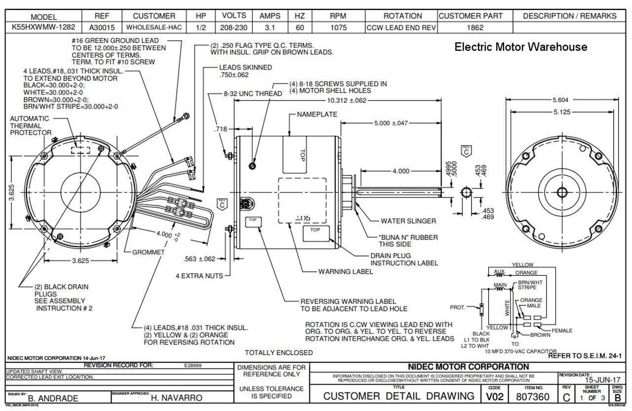 1862 Nidec | 1/2 Hp 1075 RPM 1-Speed 208-230V; 5.6" Condenser Motor 4 1862 Nidec | 1/2 Hp 1075 RPM 1-Speed 208-230V; 5.6" Condenser Motor - Image 2