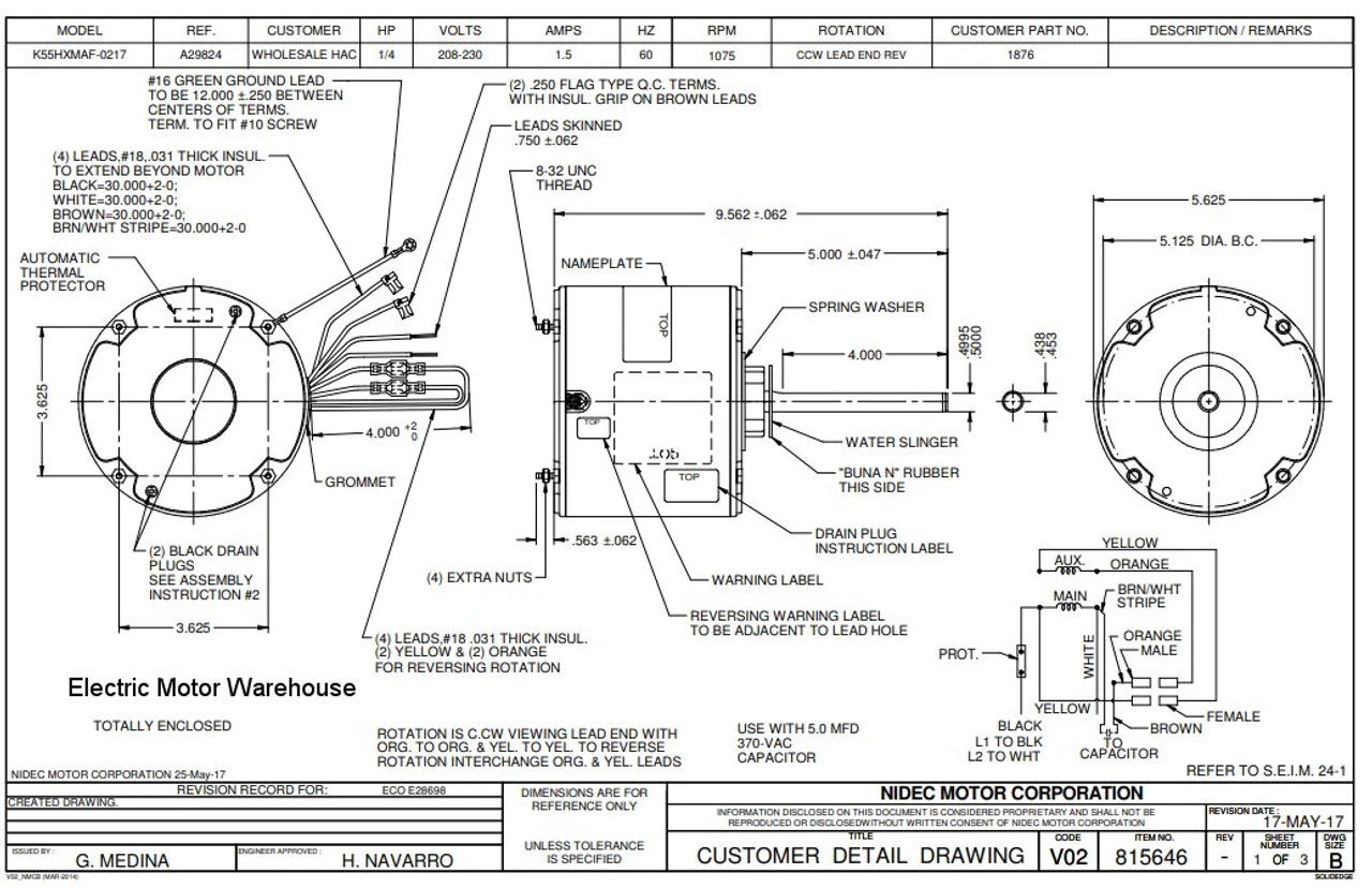 1876 Nidec | 1/4 Hp 1075 RPM 1-Speed 208-230V; 5.6" Condenser Motor 4 1876 Nidec | 1/4 Hp 1075 RPM 1-Speed 208-230V; 5.6" Condenser Motor - Image 2