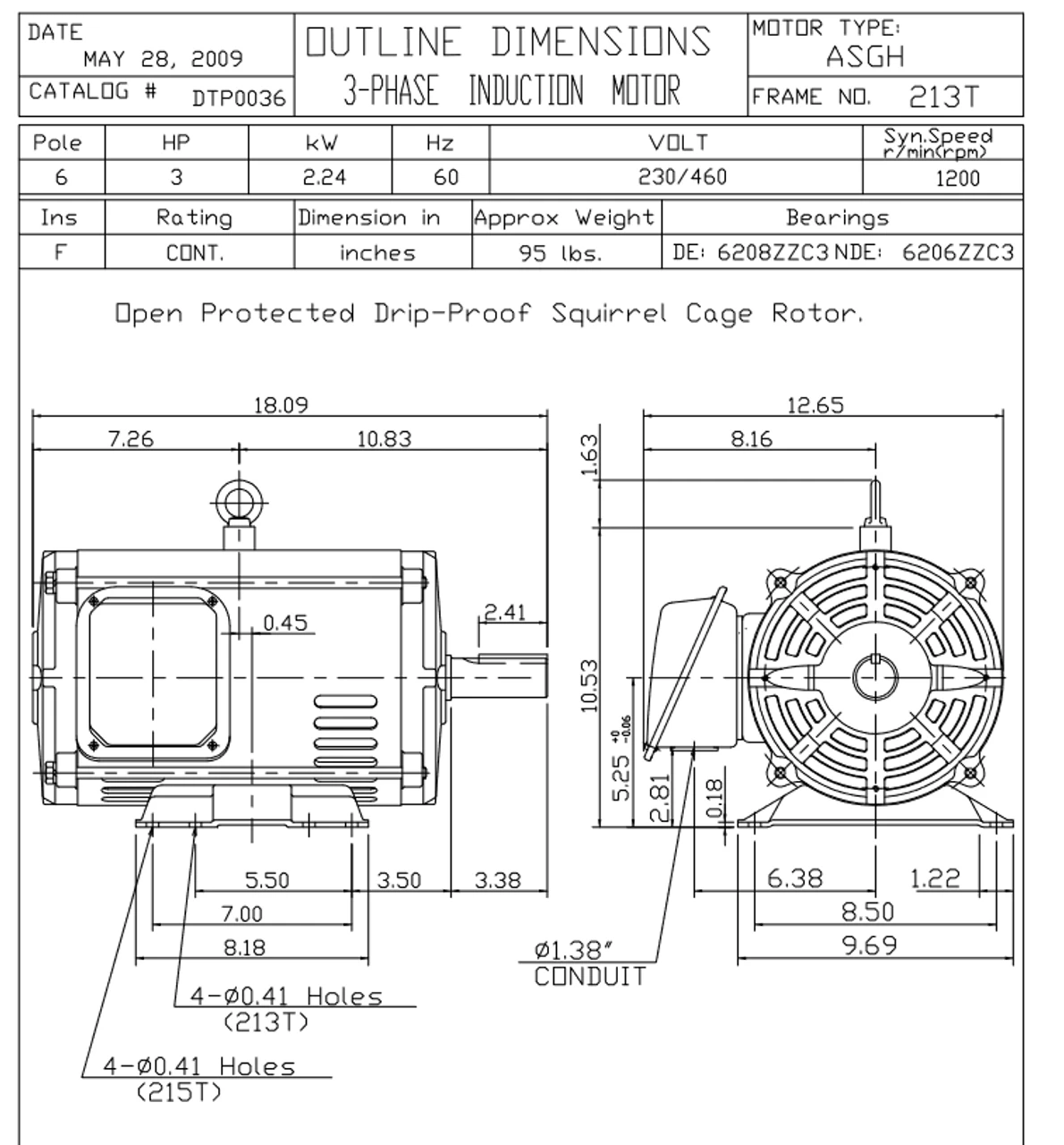 DTP0036 TECO Westinghouse 3 Hp 1200 RPM 213/215T Frame 230/460V ODP 3-Phase Motor 4 DTP0036 TECO Westinghouse 3 Hp 1200 RPM 213/215T Frame 230/460V ODP 3-Phase Motor - Image 2