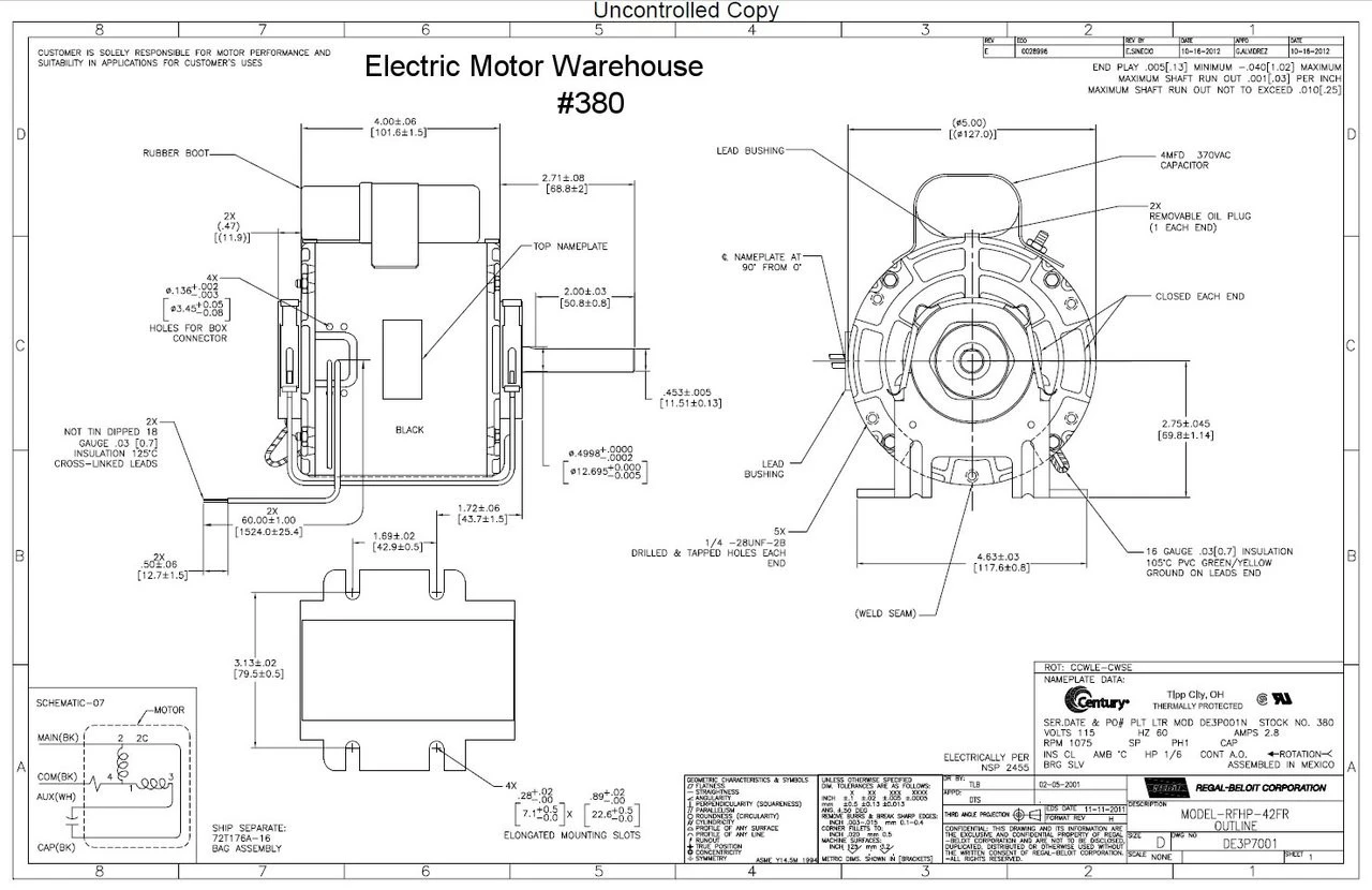Model 380 Century 1/6 Hp 1075 RPM 1-Speed 5" Diameter 115V Century Motor # 380 5 Model 380 Century 1/6 Hp 1075 RPM 1-Speed 5" Diameter 115V Century Motor # 380 - Image 3