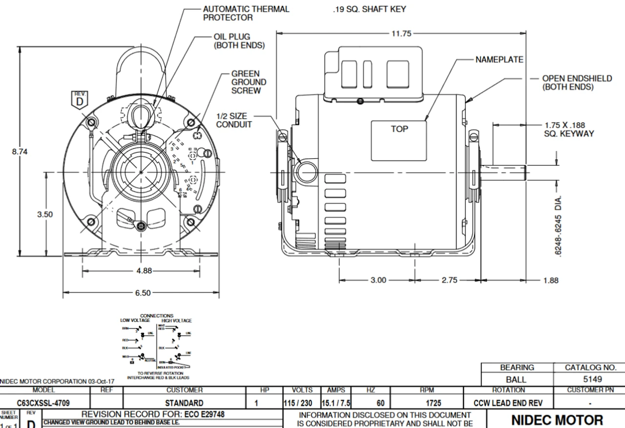 5149 Nidec 1 HP 1800 RPM 115/230V 56 Frame (Base) ODP Evaporative Cooler Motor 4 5149 Nidec 1 HP 1800 RPM 115/230V 56 Frame (Base) ODP Evaporative Cooler Motor - Image 2