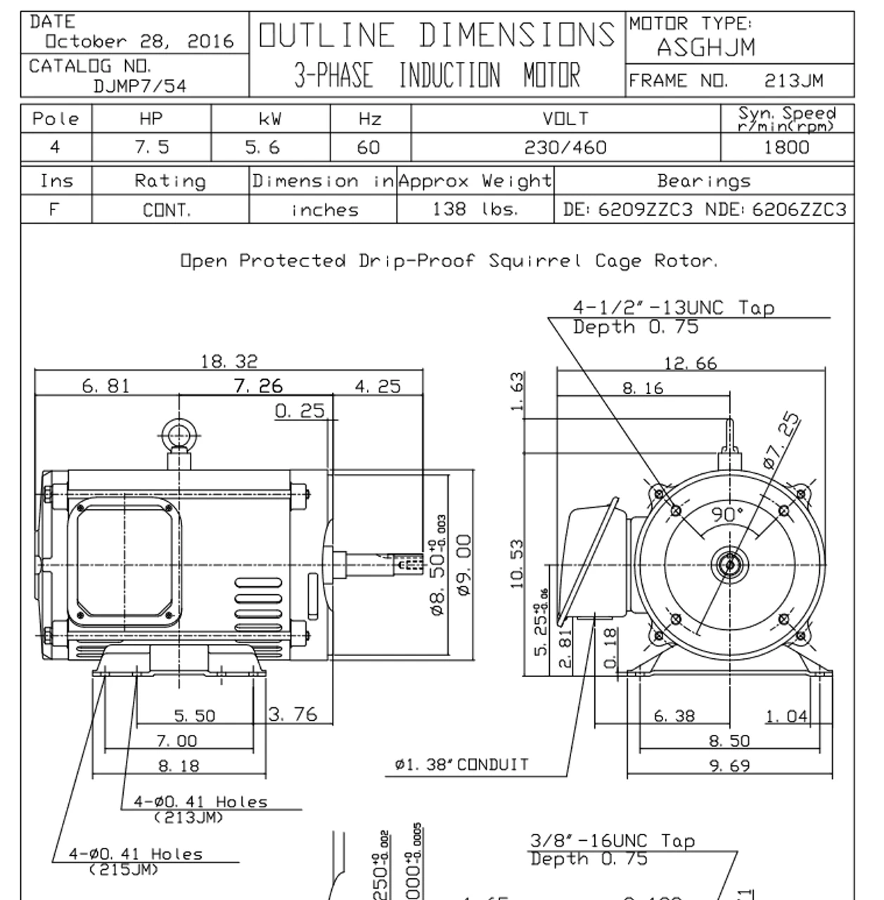 DJMP7/54 TECO Westinghouse 7 1/2 Hp 1800 RPM 213/215JM Frame 230/460V ODP Close-Coupled 3-Phase Motor 4 DJMP7/54 TECO Westinghouse 7 1/2 Hp 1800 RPM 213/215JM Frame 230/460V ODP Close-Coupled 3-Phase Motor - Image 2