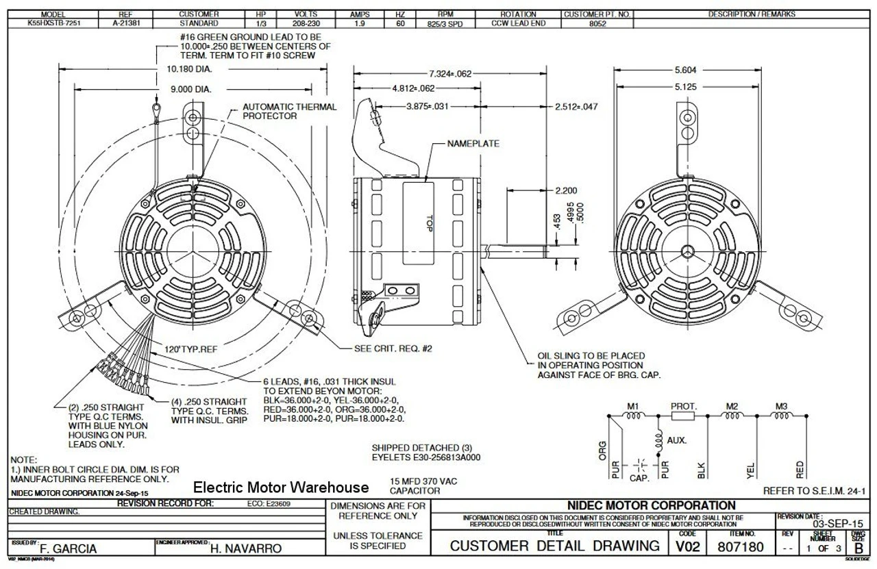 8052 Nidec | 1/3 Hp 825 RPM 1-Speed 208-230V; 5.6" Blower Motor 4 8052 Nidec | 1/3 Hp 825 RPM 1-Speed 208-230V; 5.6" Blower Motor - Image 2