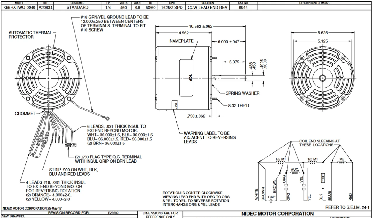 8944 Nidec 1/4 Hp 1625 RPM 460V 5.6" Dia. (No Base) 2-Speed OAO Fan Motor 4 8944 Nidec 1/4 Hp 1625 RPM 460V 5.6" Dia. (No Base) 2-Speed OAO Fan Motor - Image 2