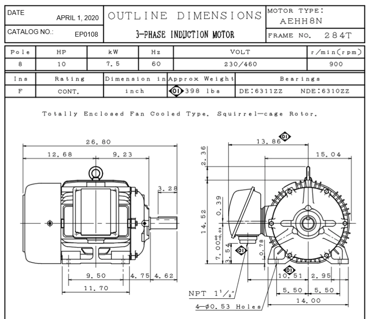 EP0108 TECO Westinghouse 10 Hp 900 RPM 284T Cast Iron 230/460V TEFC Severe Duty 3-Phase Motor 4 EP0108 TECO Westinghouse 10 Hp 900 RPM 284T Cast Iron 230/460V TEFC Severe Duty 3-Phase Motor - Image 2