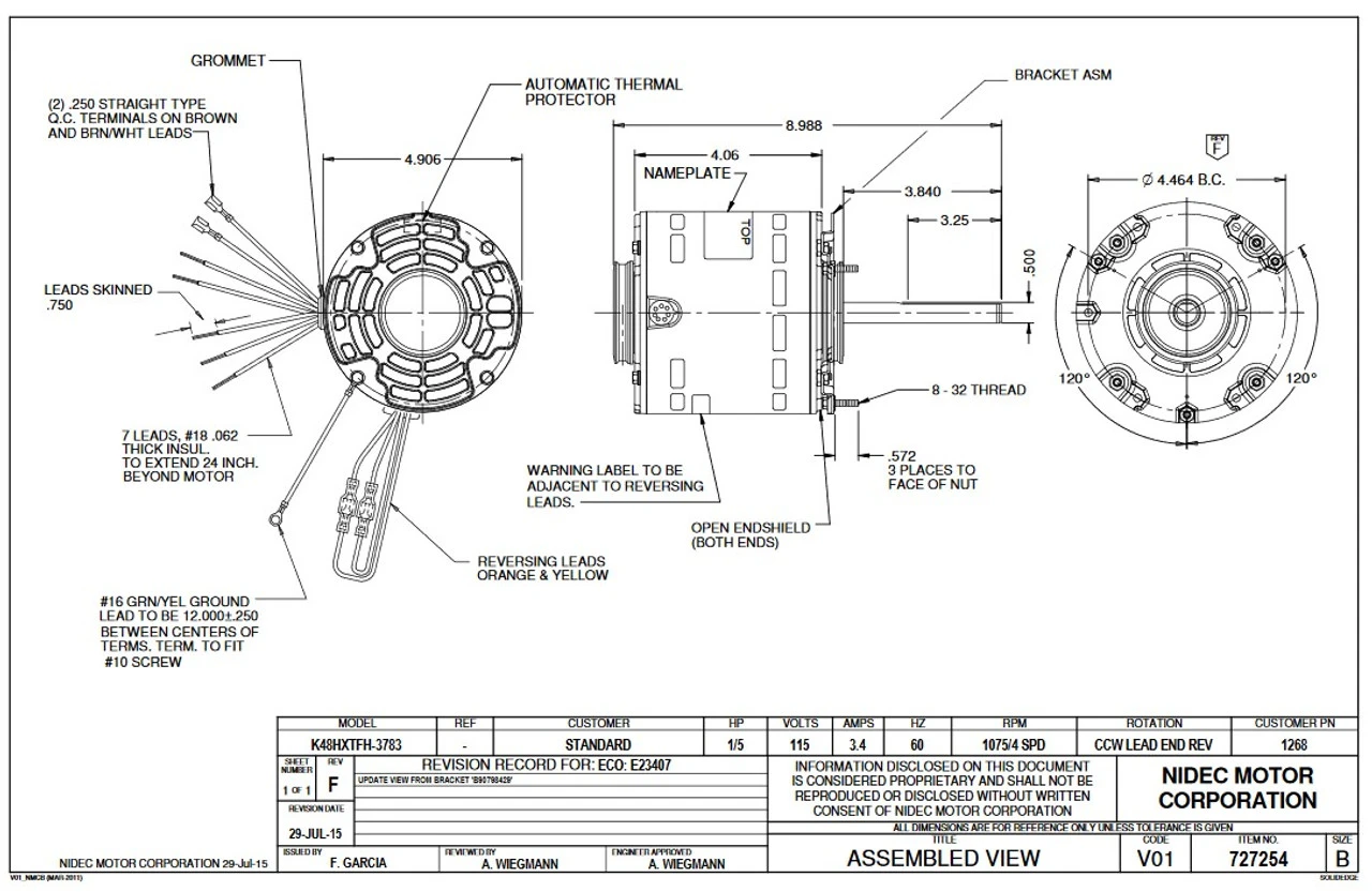 1268 Nidec | 1/5 Hp 1075 RPM 4-Speed 115V; 5.0" Blower Motor 4 1268 Nidec | 1/5 Hp 1075 RPM 4-Speed 115V; 5.0" Blower Motor - Image 2