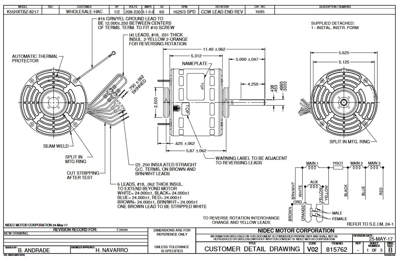 1695 Nidec | 1/2 Hp 1625 RPM 3-Speed 208-230V; 5.6" Blower Motor 4 1695 Nidec | 1/2 Hp 1625 RPM 3-Speed 208-230V; 5.6" Blower Motor - Image 2