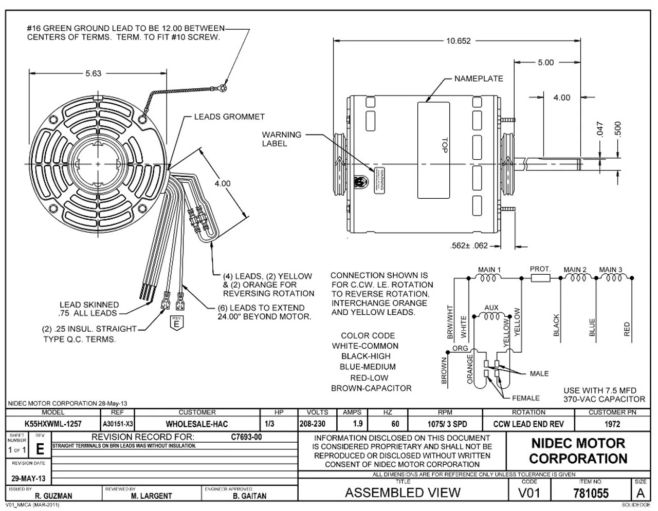 1972 Nidec | 1/3 Hp 1075 RPM 3-Speed 208-230V; 5.6" Blower Motor 4 1972 Nidec | 1/3 Hp 1075 RPM 3-Speed 208-230V; 5.6" Blower Motor - Image 2