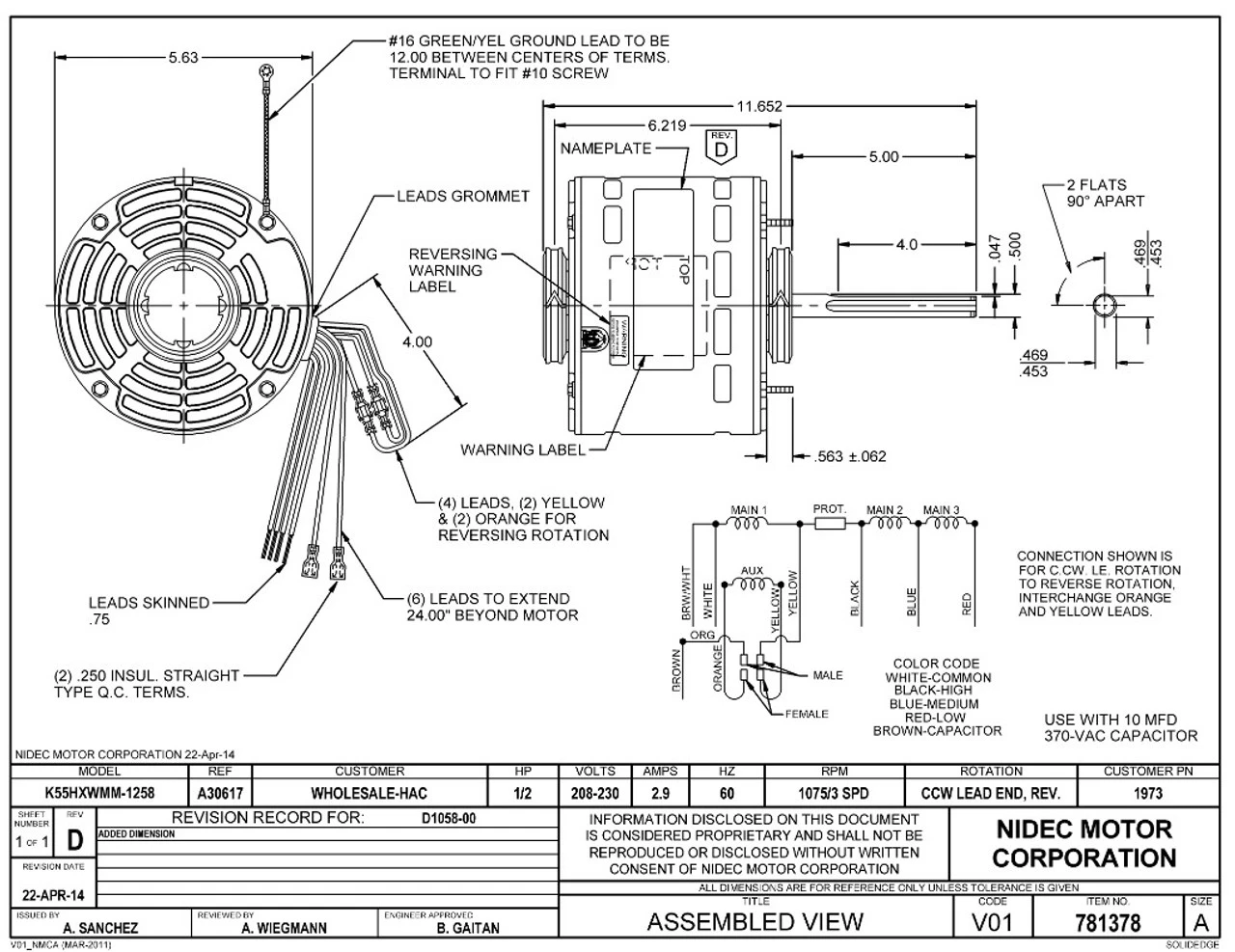 1973 Nidec | 1/2 Hp 1075 RPM 3-Speed 208-230V; 5.6" Blower Motor 4 1973 Nidec | 1/2 Hp 1075 RPM 3-Speed 208-230V; 5.6" Blower Motor - Image 2