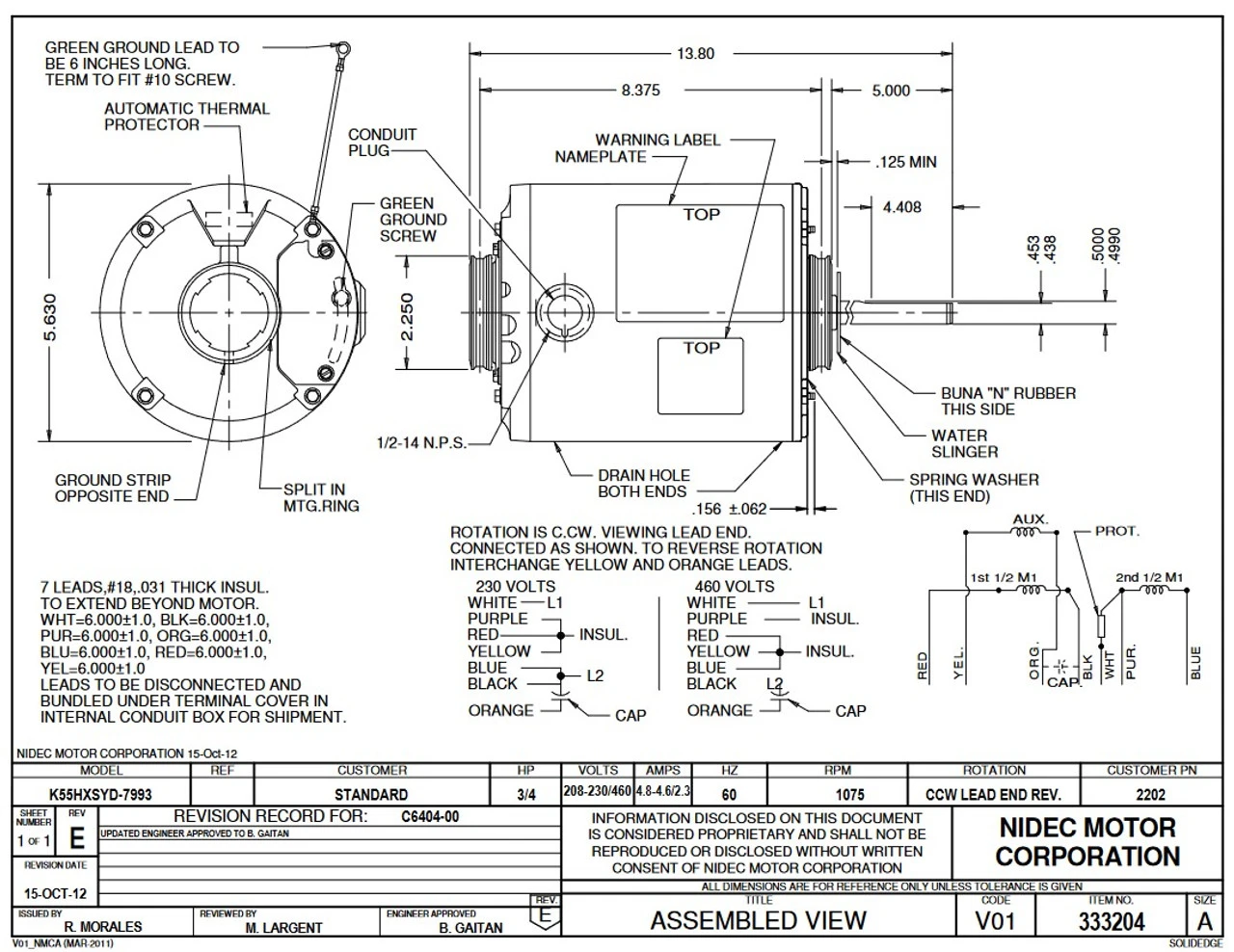 2202 Nidec | 3/4 Hp 1075 RPM 1-Speed 208-230/460V; 5.6" Condenser Motor 4 2202 Nidec | 3/4 Hp 1075 RPM 1-Speed 208-230/460V; 5.6" Condenser Motor - Image 2