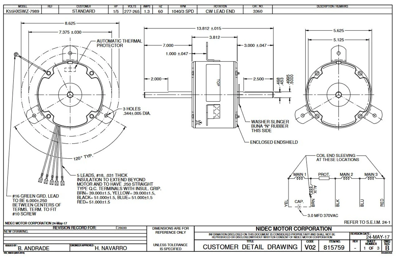 3360 Nidec | 1/5 Hp, 1040 RPM 3-Speed 277-265V Carrier Blower 5 3360 Nidec | 1/5 Hp, 1040 RPM 3-Speed 277-265V Carrier Blower - Image 3