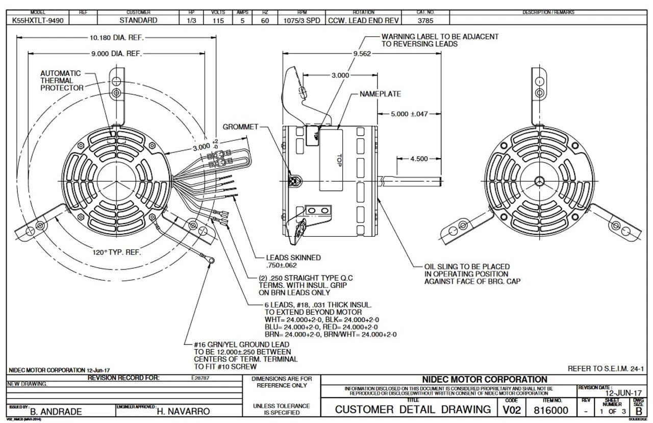 3785 Nidec | 1/3 Hp 1075 RPM 3-Speed 115V; 5.6" Blower Motor 4 3785 Nidec | 1/3 Hp 1075 RPM 3-Speed 115V; 5.6" Blower Motor - Image 2