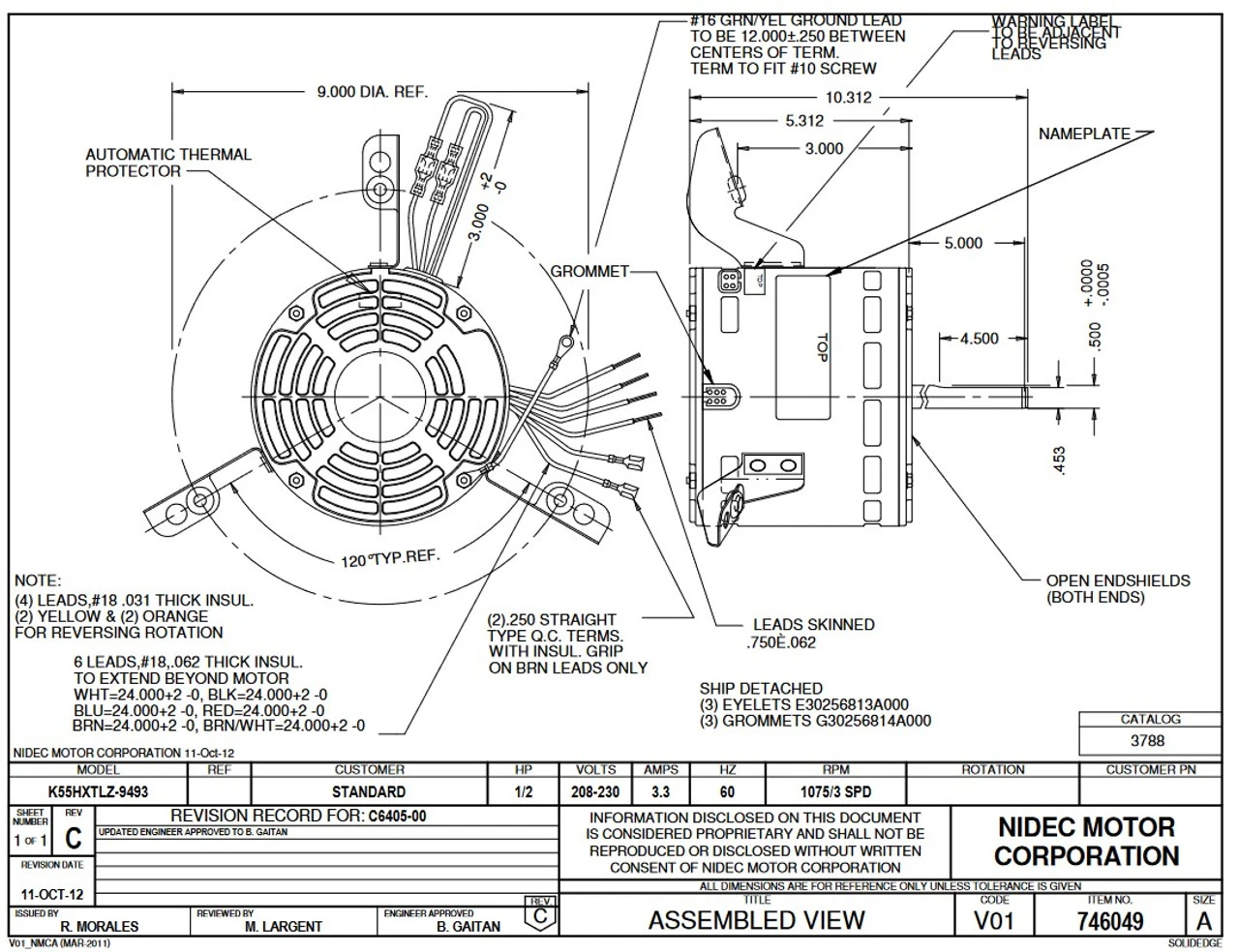 3788 Nidec | 1/2 Hp 1075 RPM 3-Speed 208-230V; 5.6" Blower Motor 4 3788 Nidec | 1/2 Hp 1075 RPM 3-Speed 208-230V; 5.6" Blower Motor - Image 2