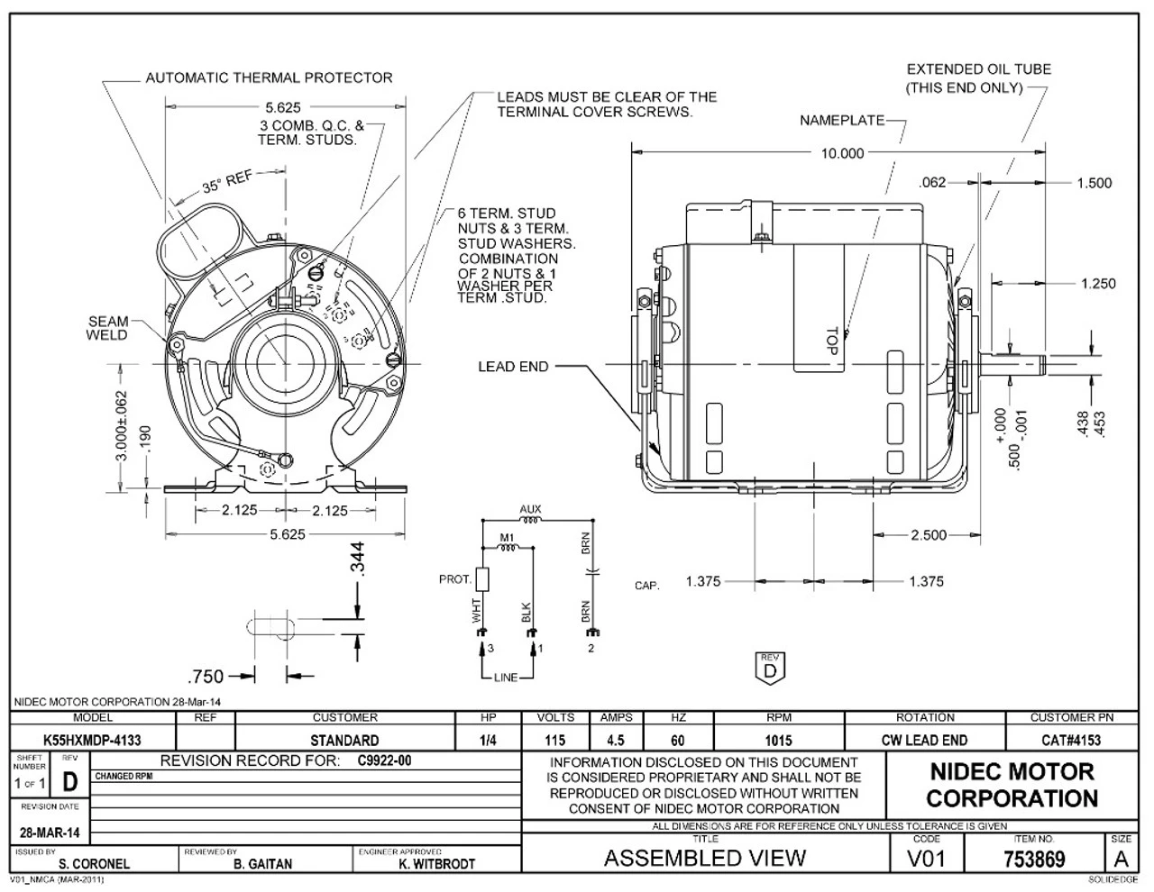 4153 Nidec | 1/4 Hp 1015 RPM 1-Speed 115V; 5.6" Blower Motor 4 4153 Nidec | 1/4 Hp 1015 RPM 1-Speed 115V; 5.6" Blower Motor - Image 2