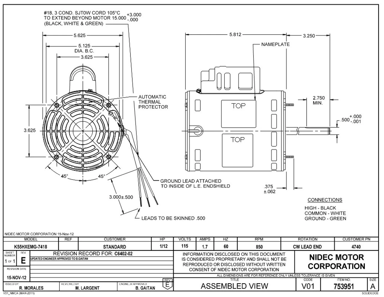 4740 Nidec | 1/12 Hp 850 RPM 1-Speed 115V; 5.6" Blower Motor 4 4740 Nidec | 1/12 Hp 850 RPM 1-Speed 115V; 5.6" Blower Motor - Image 2