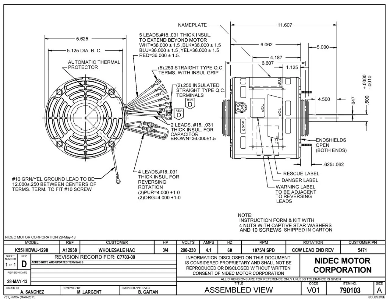 5470 Nidec | 3/4 Hp 1075 RPM 4-Speed 115V; 5.6" Blower Motor 4 5470 Nidec | 3/4 Hp 1075 RPM 4-Speed 115V; 5.6" Blower Motor - Image 2