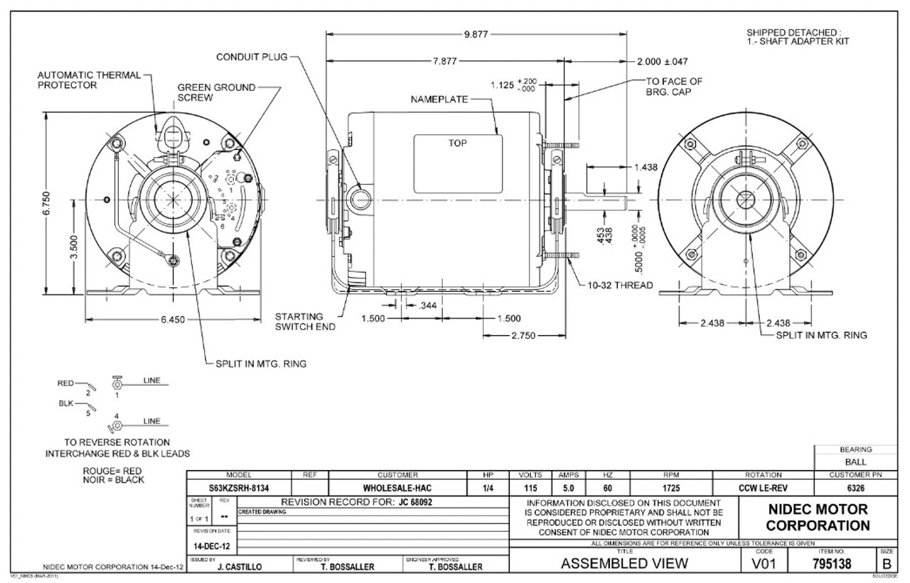 6326 Nidec | 1/4 Hp 1725 RPM 1-Speed 115V; 6.5" Blower Motor 4 6326 Nidec | 1/4 Hp 1725 RPM 1-Speed 115V; 6.5" Blower Motor - Image 2