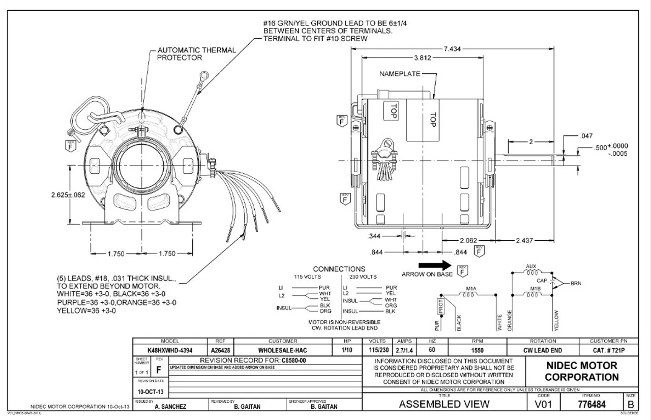 721P Nidec | 1/10 Hp 1550 RPM 1-Speed 115/230V; 5.0" Blower Motor 4 721P Nidec | 1/10 Hp 1550 RPM 1-Speed 115/230V; 5.0" Blower Motor - Image 2