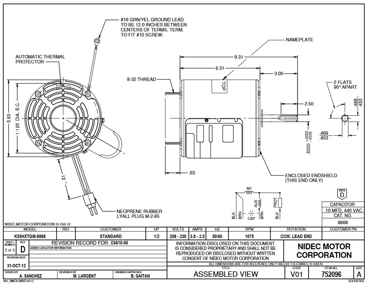 8868 Nidec | 1/2 Hp 1075 RPM 1-Speed 208-230V; 5.6" Condenser Motor 4 8868 Nidec | 1/2 Hp 1075 RPM 1-Speed 208-230V; 5.6" Condenser Motor - Image 2