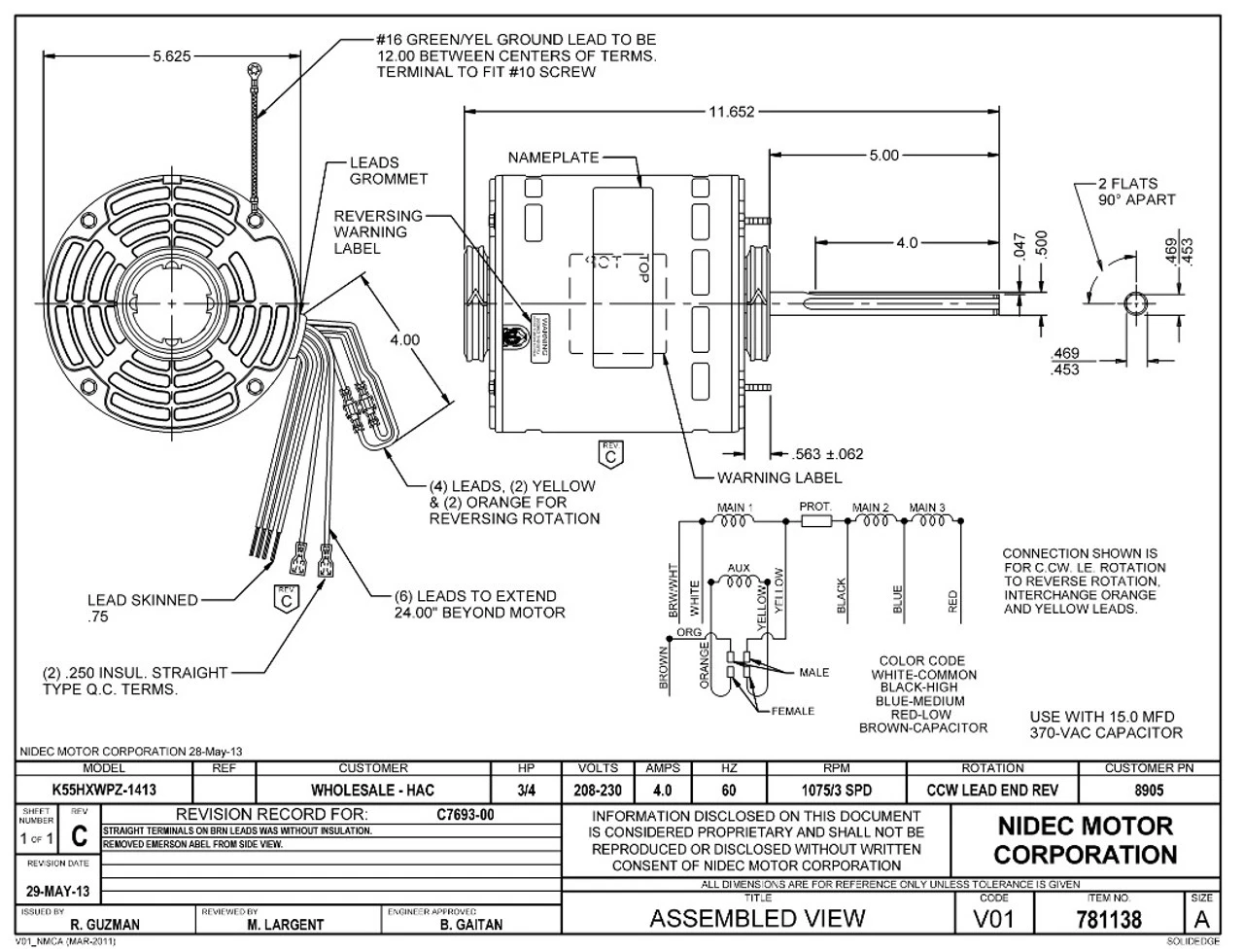 8905 Nidec | 3/4 Hp 1075 RPM 3-Speed 208-230V; 5.6" Blower Motor 5 8905 Nidec | 3/4 Hp 1075 RPM 3-Speed 208-230V; 5.6" Blower Motor - Image 3