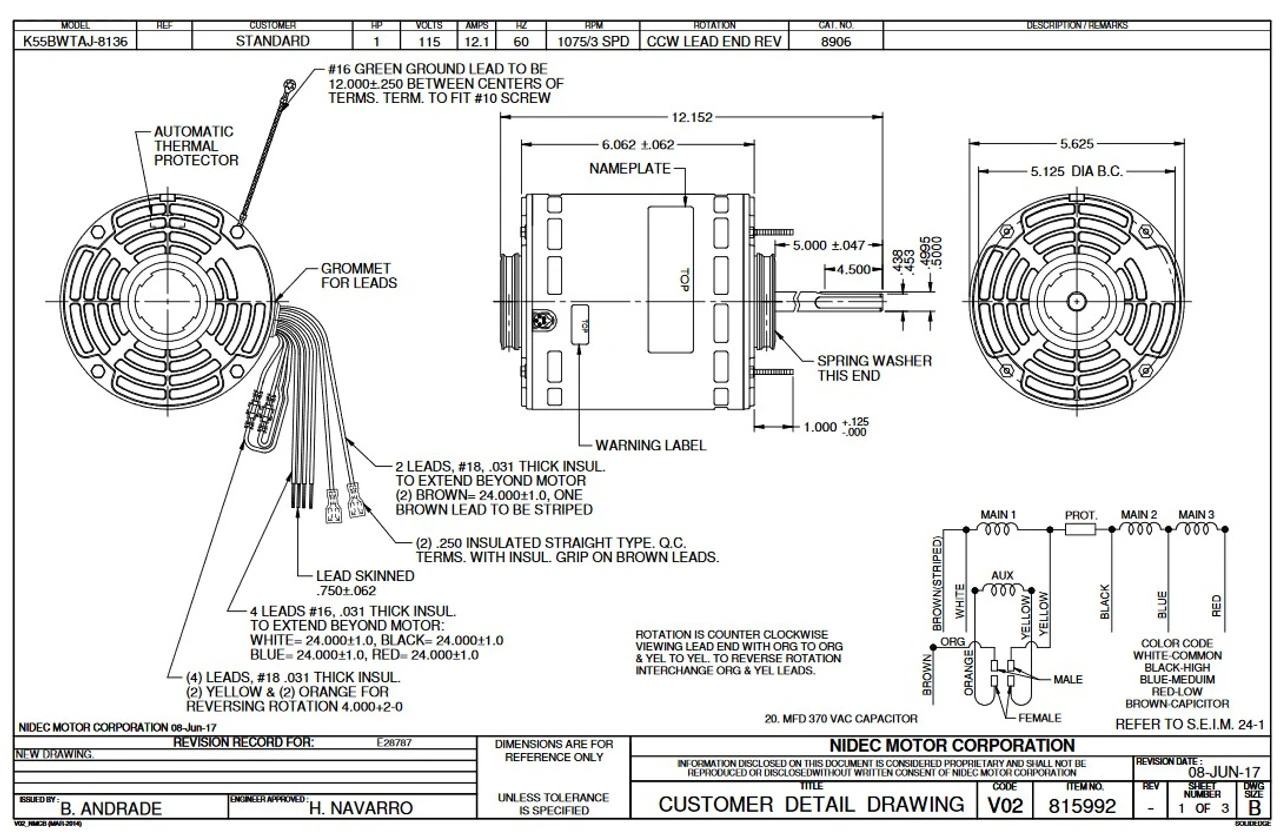 8906 Nidec | 1 Hp 1075 RPM 3-Speed 115V; 5.6" Blower Motor 4 8906 Nidec | 1 Hp 1075 RPM 3-Speed 115V; 5.6" Blower Motor - Image 2
