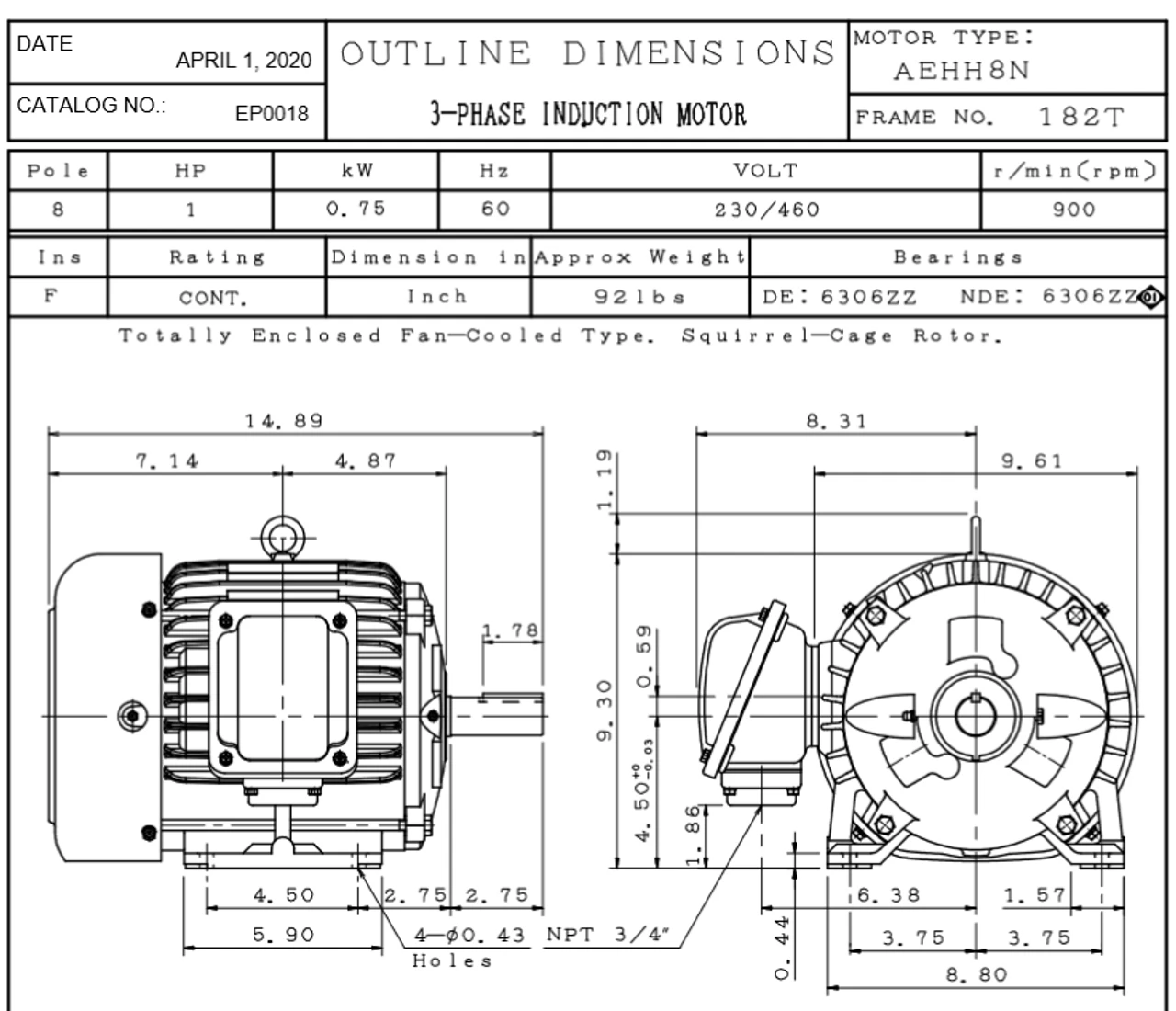 EP0018 TECO Westinghouse 1 Hp 900 RPM 182T Cast Iron 230/460V TEFC Severe Duty 3-Phase Motor 4 EP0018 TECO Westinghouse 1 Hp 900 RPM 182T Cast Iron 230/460V TEFC Severe Duty 3-Phase Motor - Image 2