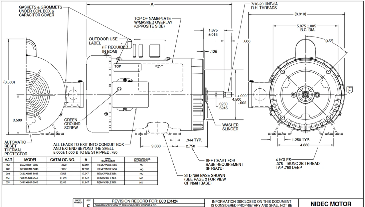 EU09 Nidec 1 1/2 Hp 3600 RPM 115/208-230V 56J Frame (Rem Base) TEFC 1-Phase Electric Motor 4 EU09 Nidec 1 1/2 Hp 3600 RPM 115/208-230V 56J Frame (Rem Base) TEFC 1-Phase Electric Motor - Image 2
