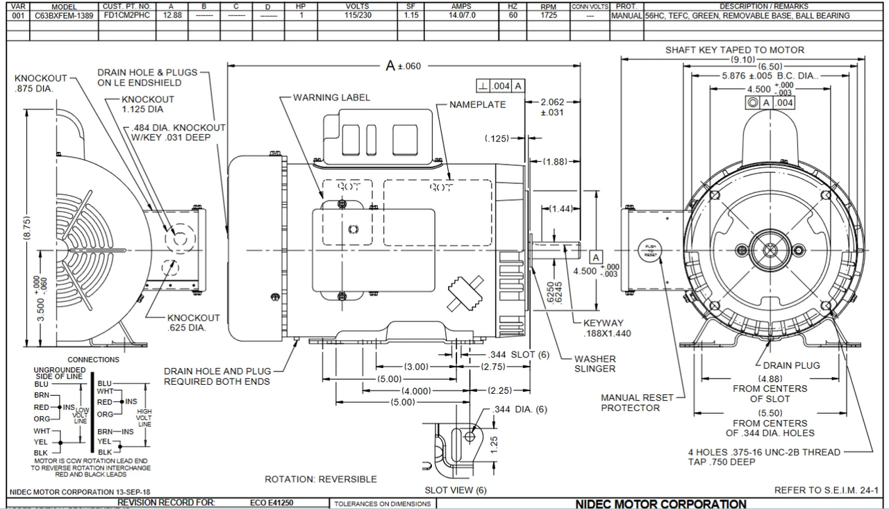 FD1CM2PHC Nidec 1 HP 1800 RPM 115/230V 56HC Frame (Base) TEFC Farm Duty Motor 4 FD1CM2PHC Nidec 1 HP 1800 RPM 115/230V 56HC Frame (Base) TEFC Farm Duty Motor - Image 2