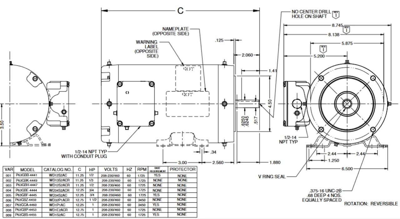 WD1P1AC Nidec 1 Hp 3600 RPM 56C Frame (Rigid Base) 208-230/460V TENV 3-Phase Washdown Motor 4 WD1P1AC Nidec 1 Hp 3600 RPM 56C Frame (Rigid Base) 208-230/460V TENV 3-Phase Washdown Motor - Image 2